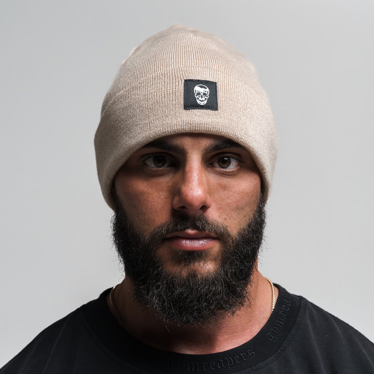 Skull Knit Cuff Beanie - Tan