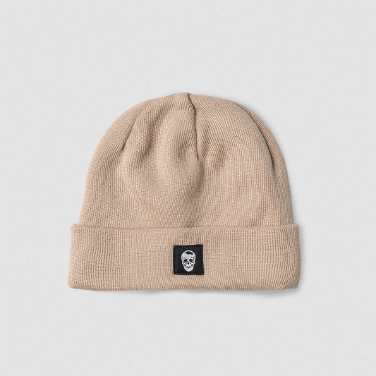 Skull Knit Cuff Beanie - Tan