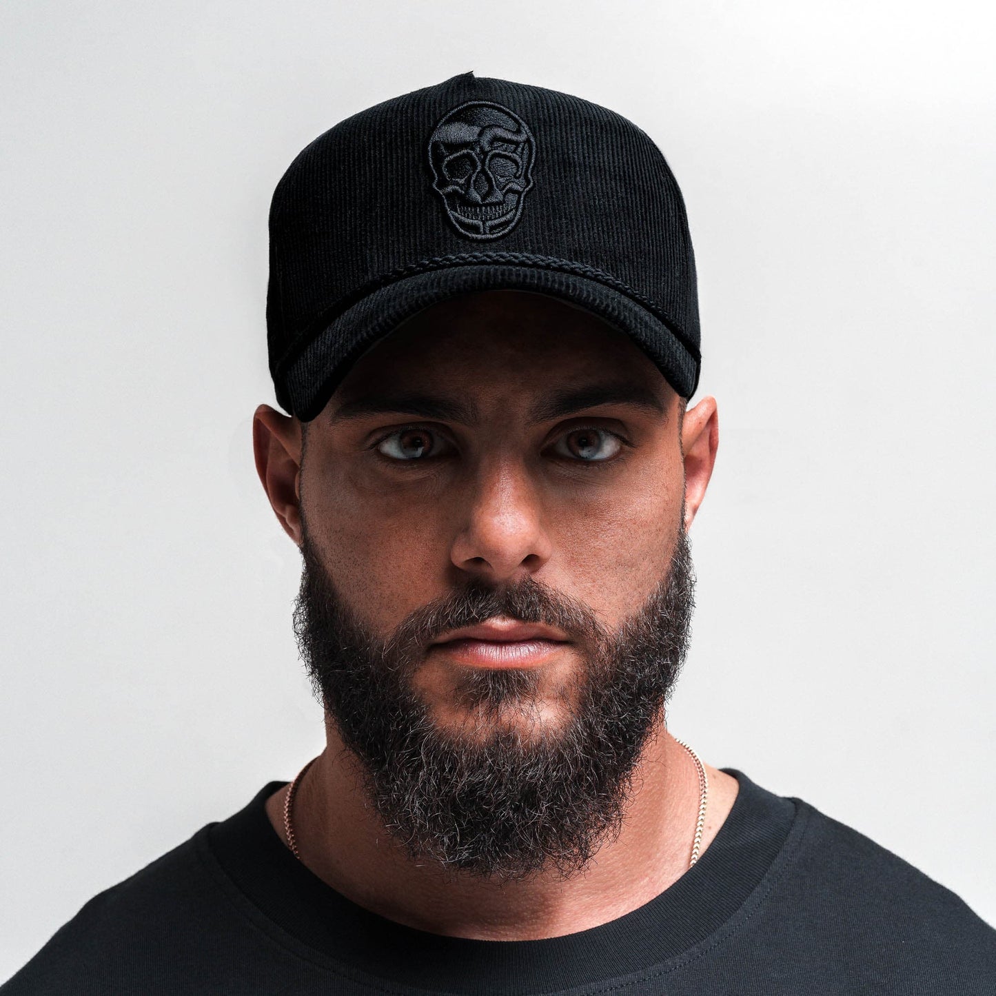 Corduroy 5-Panel Skull Hat - Black/Black