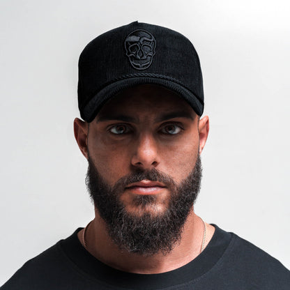 Corduroy 5-Panel Skull Hat - Black/Black