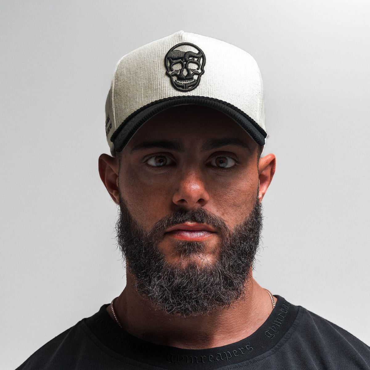 Corduroy 5-Panel Skull Hat - Cream/Black