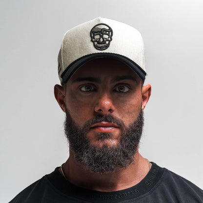 Corduroy 5-Panel Skull Hat - Cream/Black