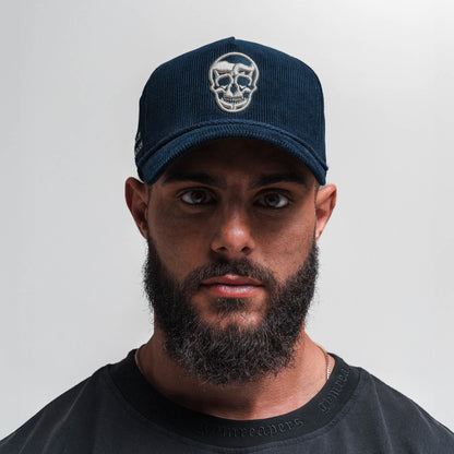 Corduroy 5-Panel Skull Hat - Navy/Cream